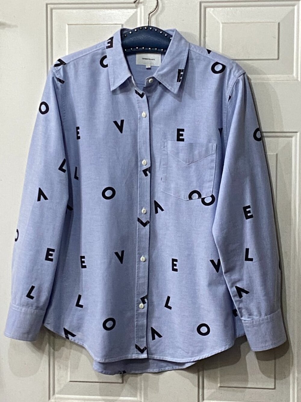 Current/Elliot Womens Sz 3 Shirt Button Up Long Sleeve Light Blue Black Letters